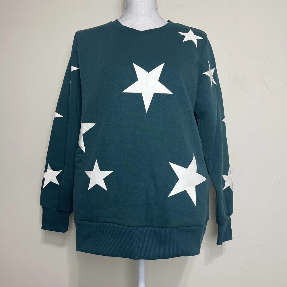 Zenana Women's Oversized Green Sweater w/ White Stars Crew Neck Large - Picture 2 of 11